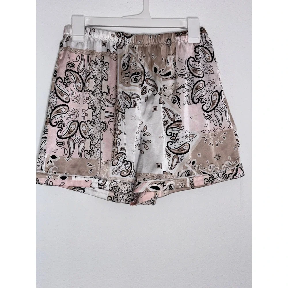 Como Sleep Mens Satin Pajama Set Medium Tan Pink Paisley‎ Bandana Print 2pc PJ